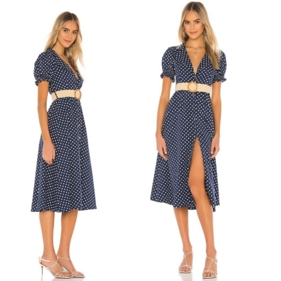 New WeWoreWhat Bella Midi Dress Polka Dot Estate Blue Button Front Belted NWT XL - Picture 3 of 15